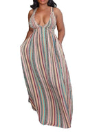 Striped Deep V-Neck Maxi Dress with Pockets and Side Slit