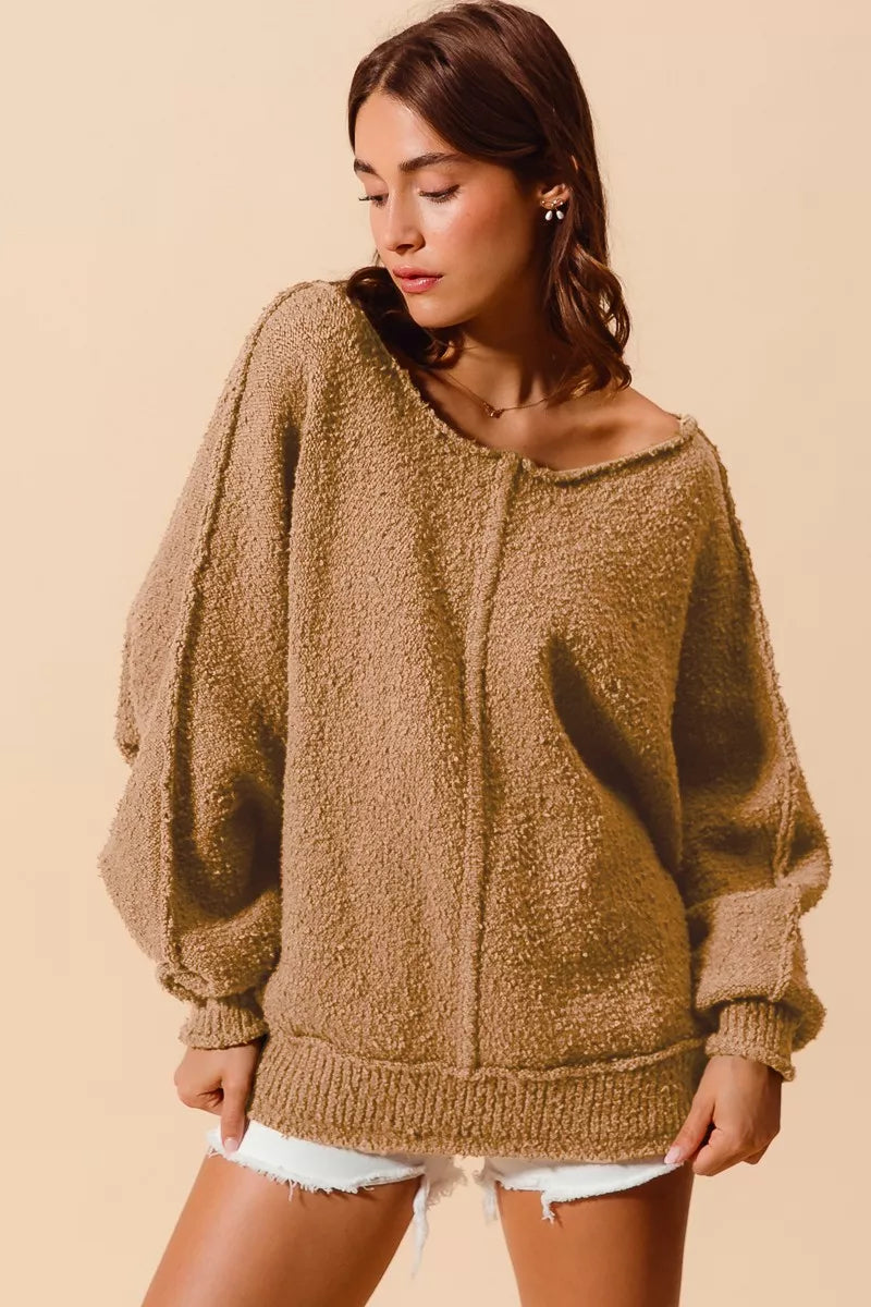 SO ME Womens Sweater Taupe Loose Fit Exposed Seam Slouchy Boucle 9953c023280844c59dc2a85b42745222-Max-Origin Trendsi