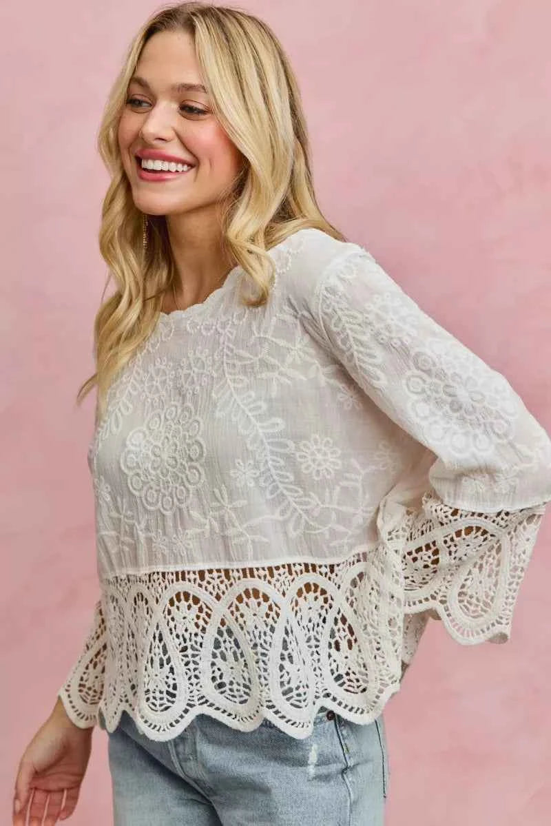 SO ME Floral Embroidered Crochet Lace Trimmed Top