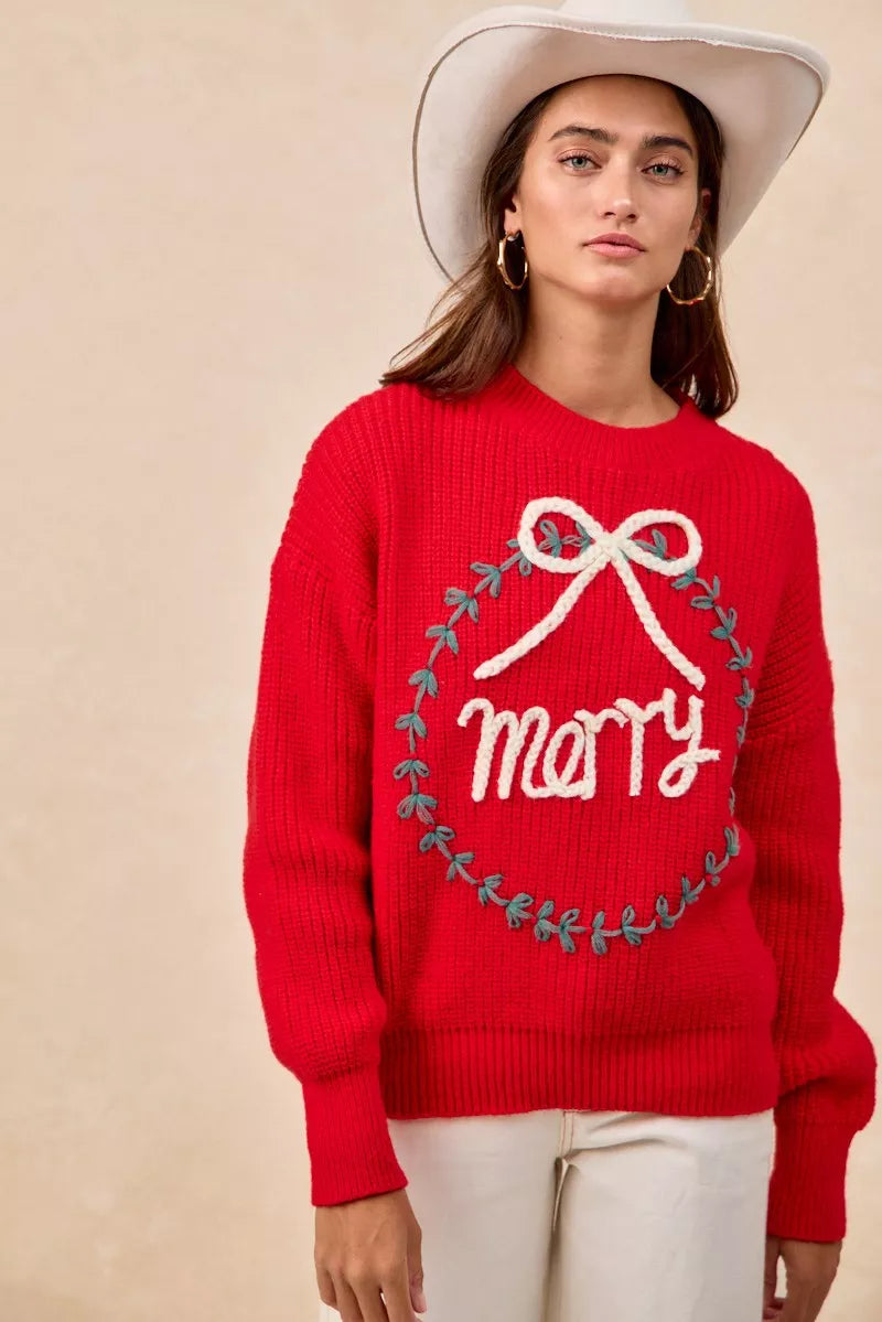 BiBi Christmas Womens Pullover Red Wreath Merry Letter Knit Top 9958850b46594a1aa85557708c53e51f-Max-Origin Trendsi