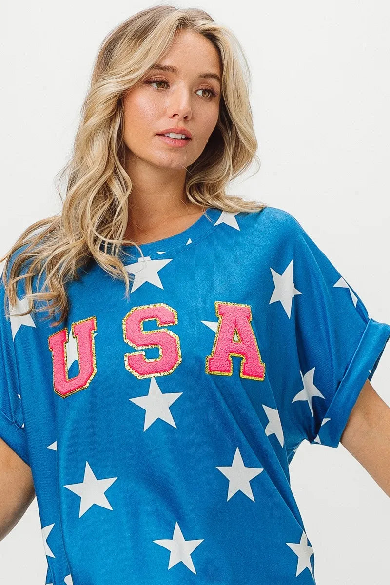 BiBi Cotton T-Shirt Fourth Of July USA Star Knit Rhinestone Glitter Top 996ed2b005934fed80a2be66ab953705-Max-Origin Trendsi