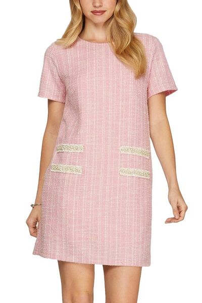 She + Sky Tweed Mini Dress Pearl Studded Trim Knit Pink Short Sleeve Blush Pink 9973d891-d17f-4918-bd7a-1e8b1b038e6e-Min Trendsi