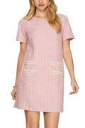 She + Sky Tweed Mini Dress Pearl Studded Trim Knit Pink Short Sleeve Blush Pink 9973d891-d17f-4918-bd7a-1e8b1b038e6e-Min Trendsi