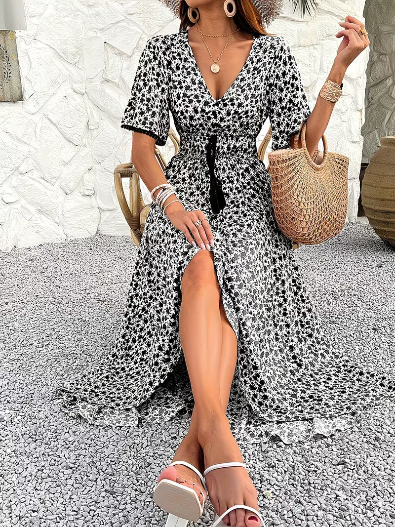 Women's Floral Midi Dress V-Neck Ruffle Short Sleeve Summer Fashion