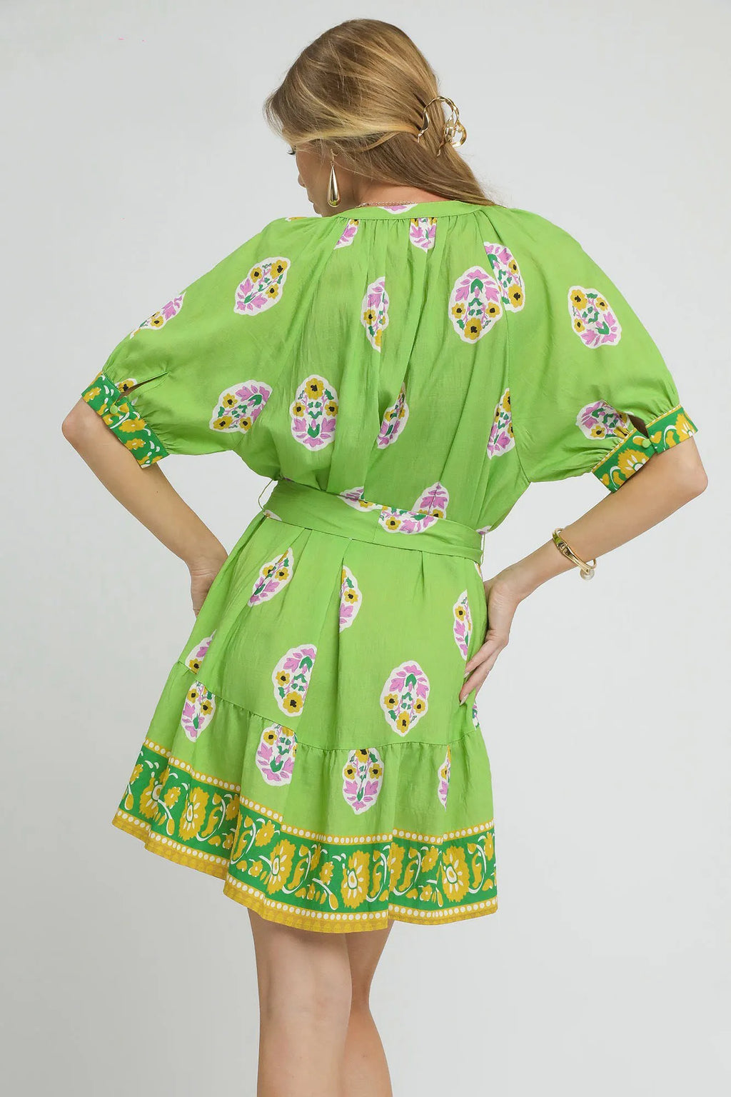 Umgee Shirt Dress Green Floral Print Tie Waist Short Sleeve Belted 99a266df-0436-4cba-a0c2-98d6a78e8e7e-Max-Origin Trendsi
