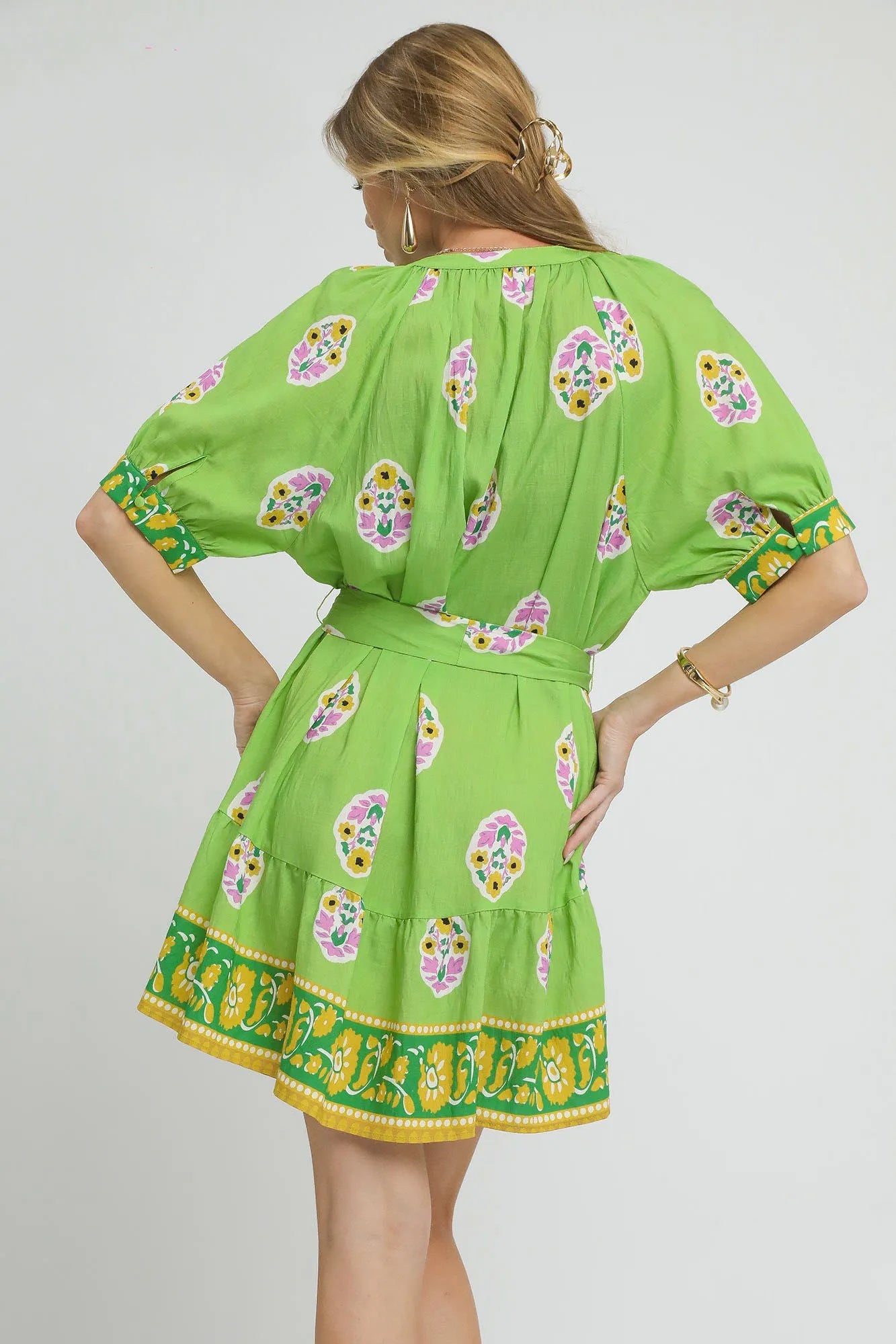 Umgee Shirt Dress Green Floral Print Tie Waist Short Sleeve Belted 99a266df-0436-4cba-a0c2-98d6a78e8e7e-Max-Origin Trendsi