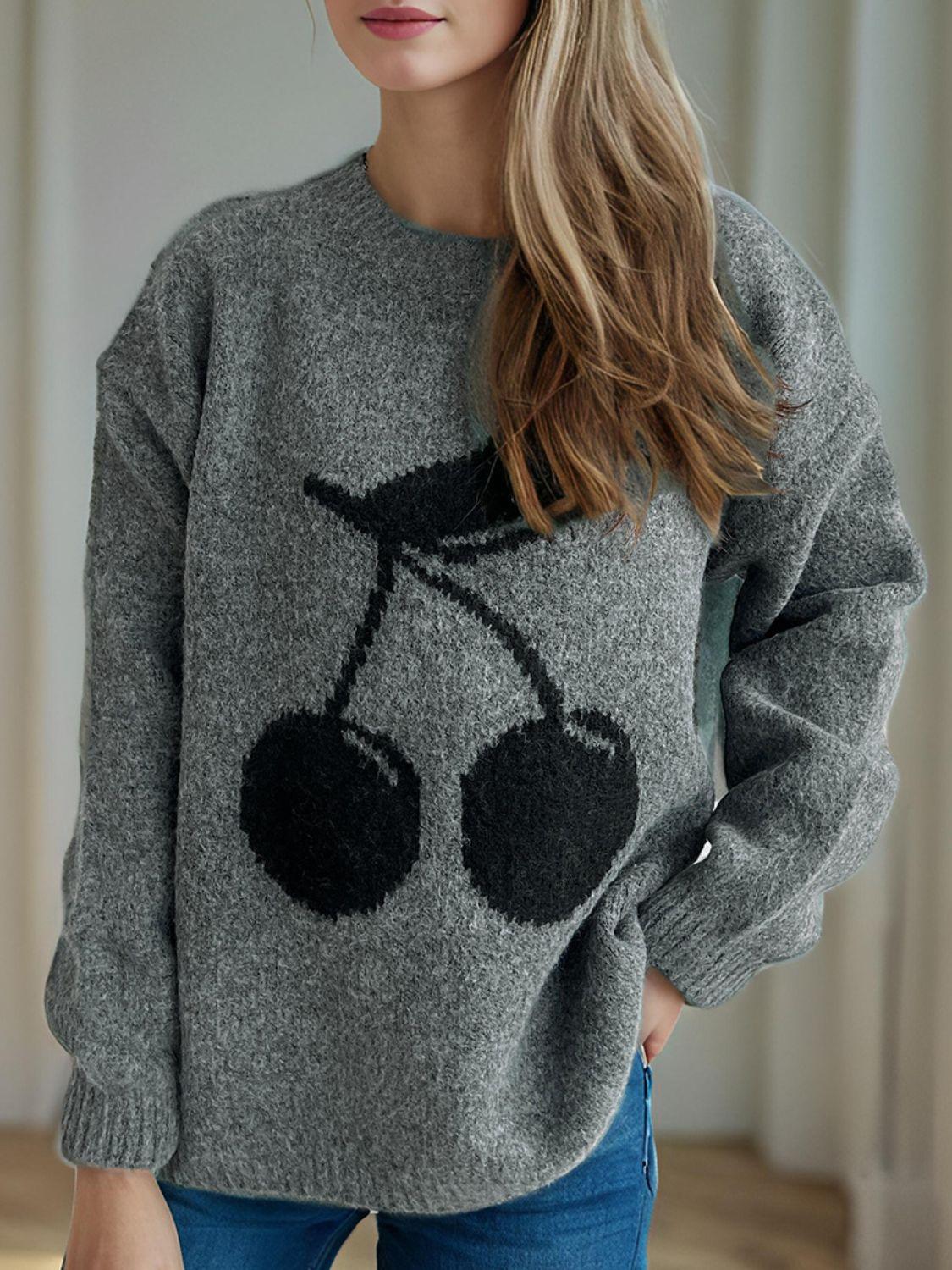 Cherry Sweater Round Neck Long Sleeve Casual Basic Knitwear 99a588ea-3ccb-462e-a7f4-03b1000b7d7d-Max Trendsi