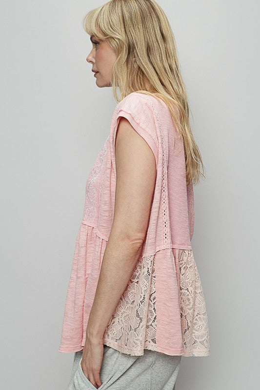 POL Embroidered Blouse Pink Boat Neck Cap Sleeve Lace Top 99a606ca-e728-4946-9044-4da14c628dc6-Max Trendsi