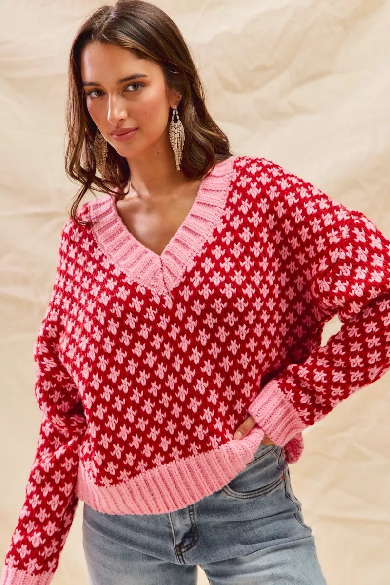SO ME Christmas Women's Sweater Red Pink Color Block Textured V Neck Top 99acee93362e4bb8a47674472b386d51-Max-Origin Trendsi