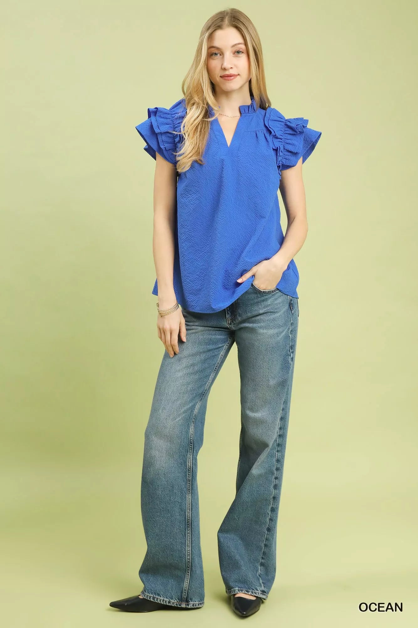 Umgee Women Blouse Textured Ruffle Sleeve Notched Top Ocean Blue 99b1cb2c-c41c-4e5d-900a-9736bfd252aa-Max-Origin Trendsi