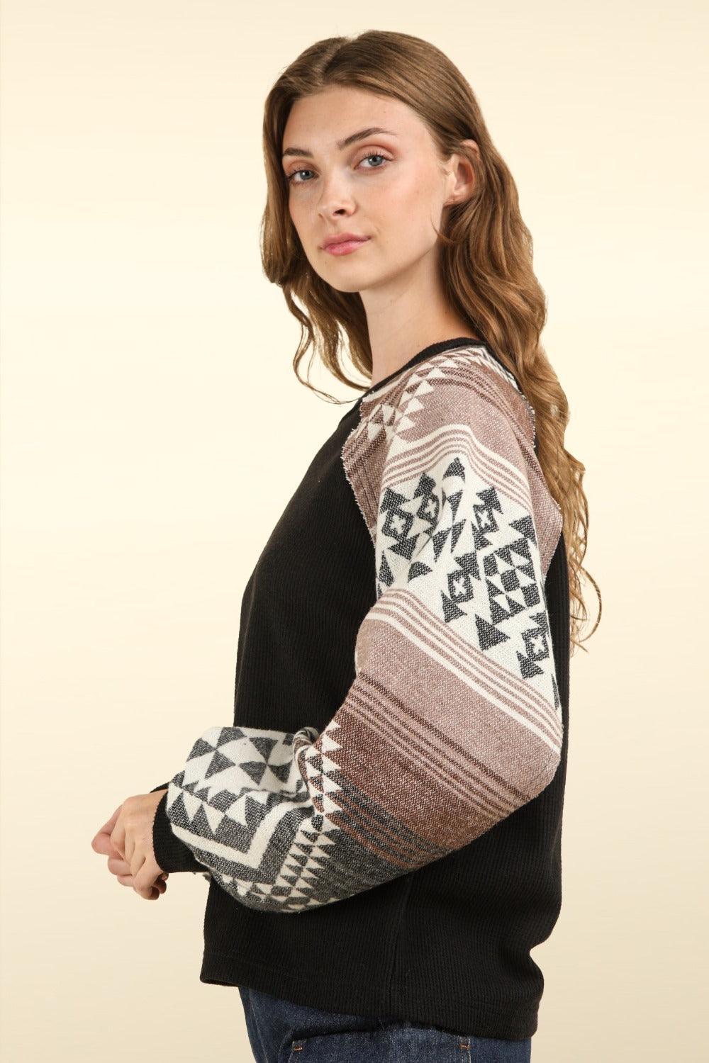 VERY J US Geometric Long Sleeve Round Neck Knit Top 99b6e605-f560-47d5-ad9a-8c1ca29a8296-Max Trendsi