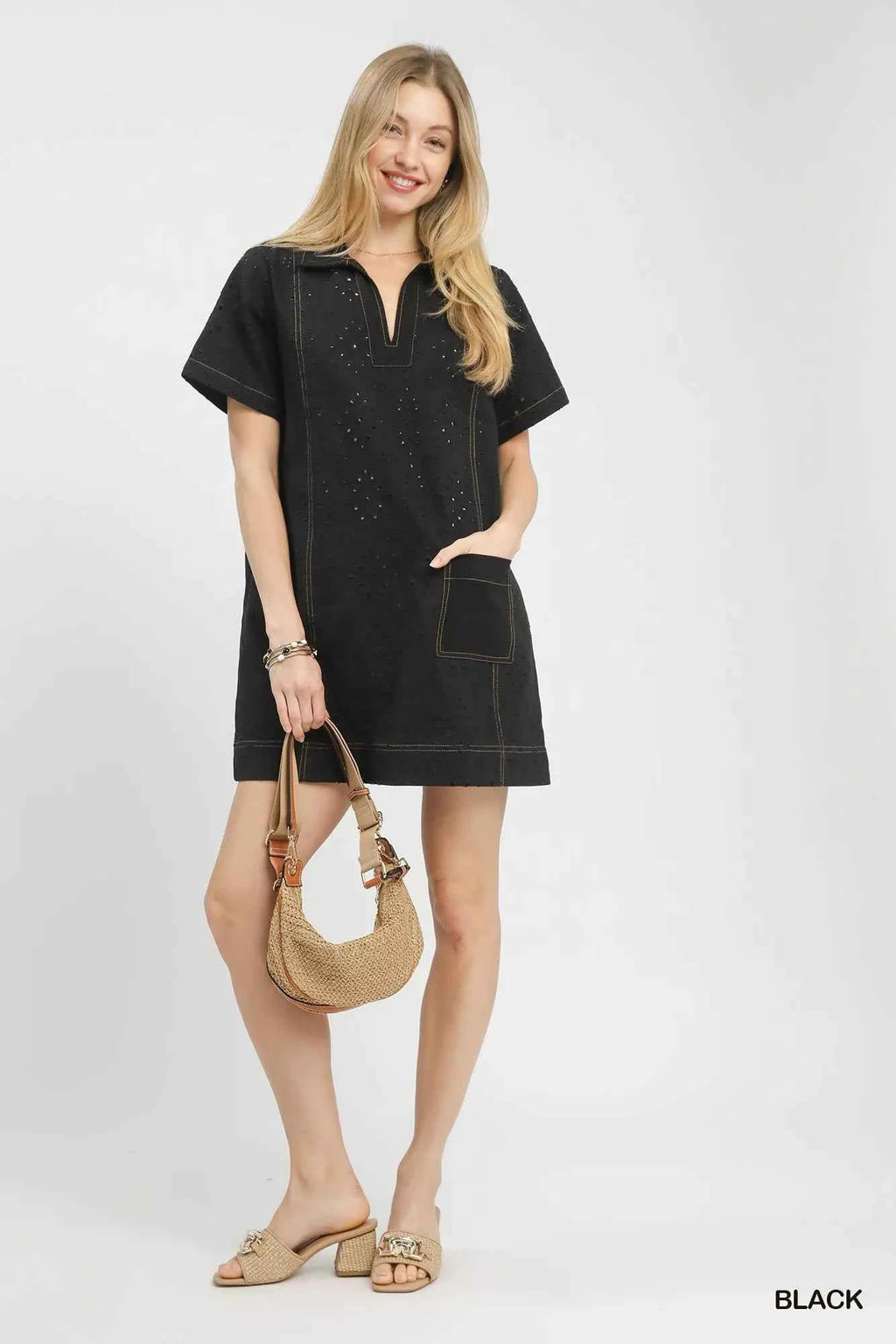 Umgee Shift Mini Dress Black Eyelet Cotton Short Sleeve with Pocket 99b94dc3-2a2c-41f0-bae3-5d1f96994218-Max-Origin Trendsi