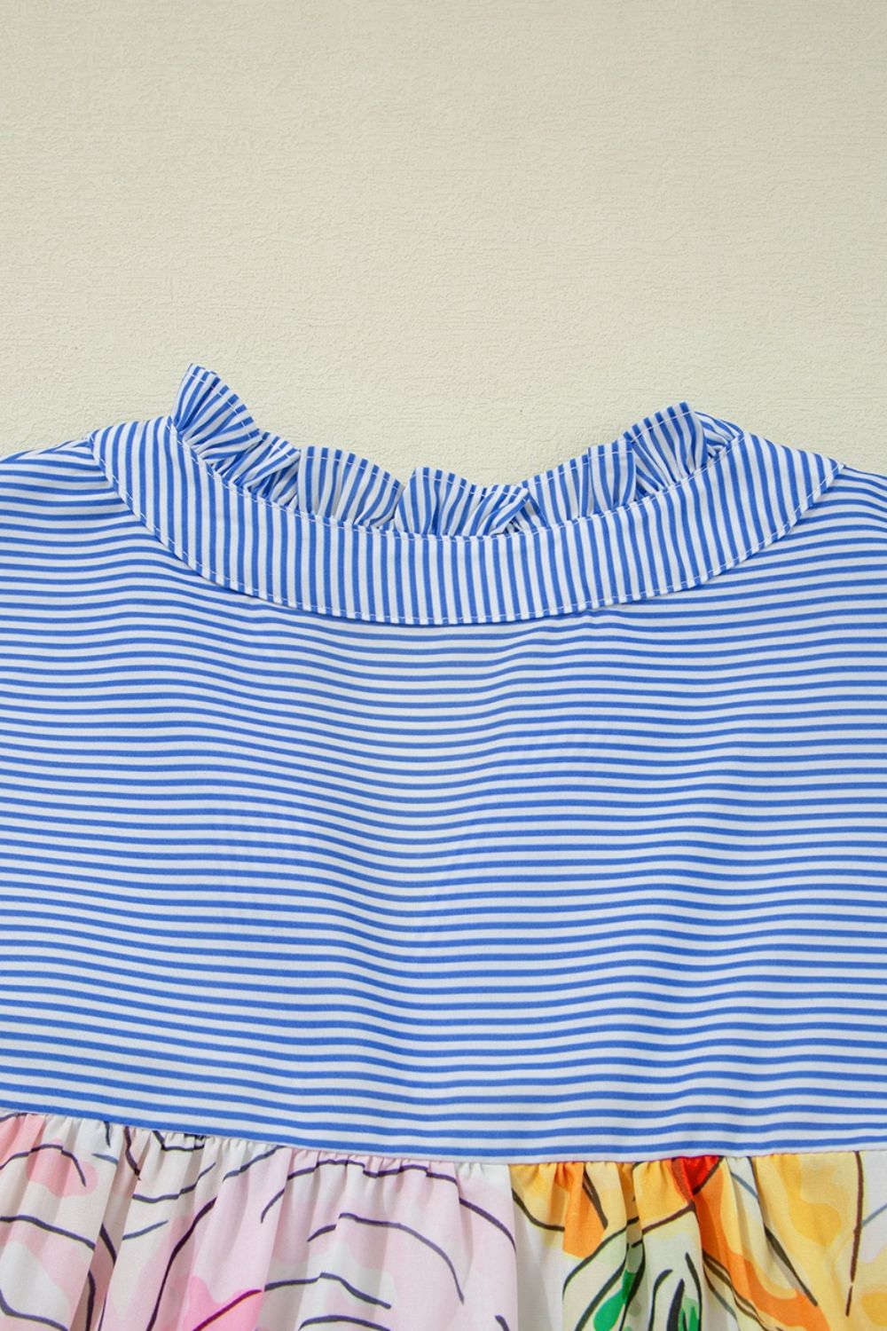 Floral Blouse Striped Yoke Frilled Tie Neck Short Puff Sleeve Top 99c2cf3c-57cd-4d2e-9b6b-b087f6fd436f-Max Trendsi