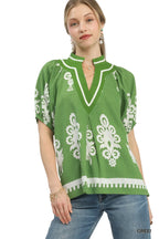 Umgee Boho Printed Split-Neck Short Sleeve Top