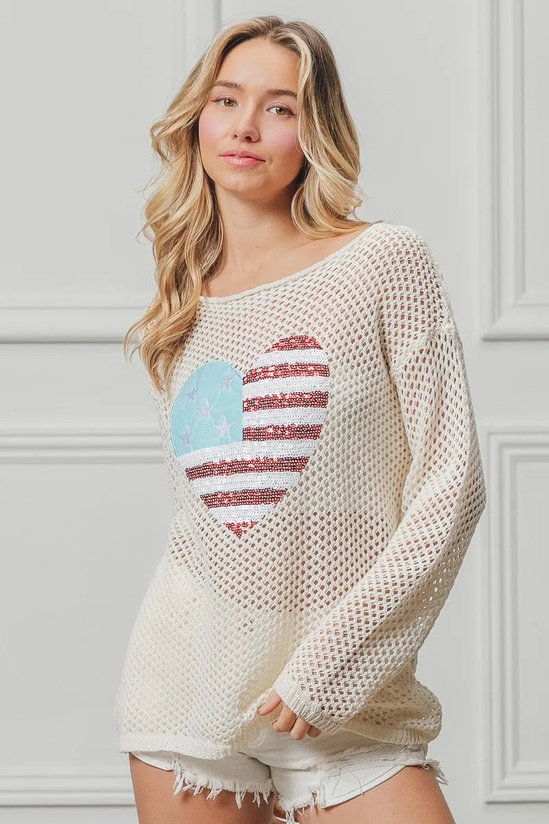 BiBi Knit Top Sequin American Flag Heart Up Embroidered Long Sleeve 99cac063e109482389683b38d6e5fe63-Max-Origin Trendsi