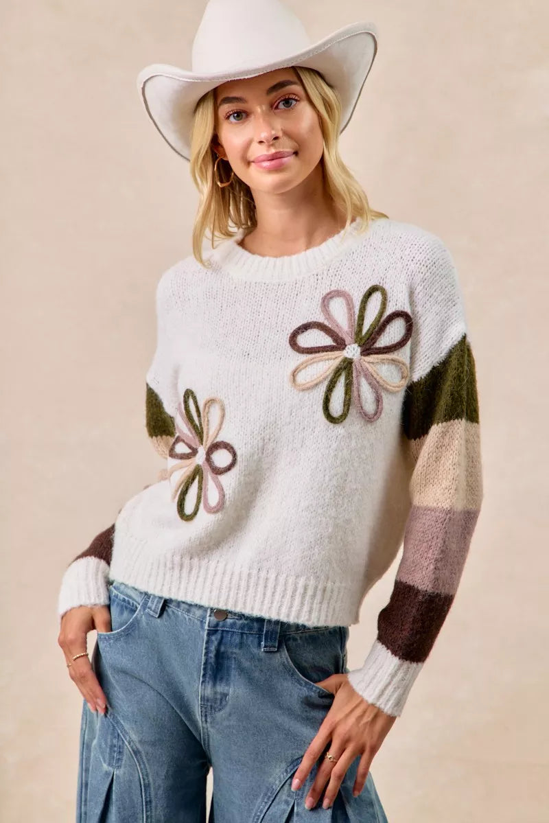 BiBi Flower Women's Sweater Color Block Ivory Brown Knit Pullover 99cd4826a6e04f1ebd9a3fb499b8f099-Max-Origin Trendsi