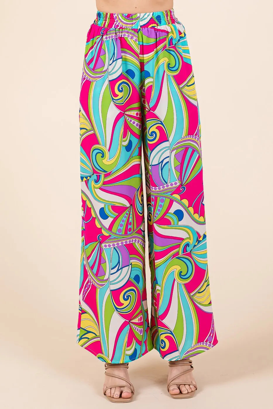 Mittoshop Wide Leg Pants Colorful Fuchsia Abstract Print Elastic Waist FUCHSIA MULTI