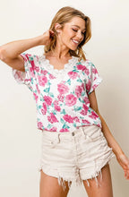 BiBi T-shirt Floral Rose Printed Poly Span Fuchsia Pink with Crochet Lace Top 99d4177ba6e540e89e204b3c7737939f-Max-Origin Trendsi