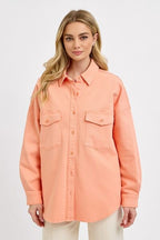 RISEN Denim Shacket Button Down Long Sleeve Watermelon Pink Pocketed Watermelon pink 99e0ad3c-bb2e-4f41-9dee-c6157beb5e85-Min Trendsi