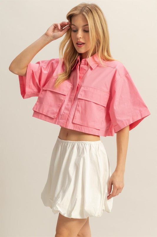 HYFVE Crop Shirt Pink Front Pockets Poplin Collared Neck Short Sleeve 99e72192-db17-41f5-979b-679c5ee60d9f-Max Trendsi