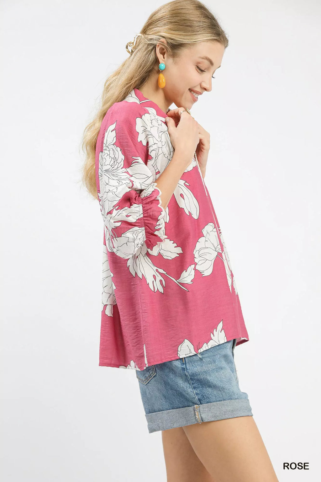 Umgee Womens Blouse Rose Peony Illustration Print Flounce Sleeve Top 99e74792-9ca6-48e2-90bb-b9fc4a6ffd7a-Max-Origin Trendsi