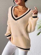 Sweater Knit V-Neck Contrast Stripe Trim Long Sleeve Knitwear 99e78f64-ad84-47f4-8d0d-c609a7479b87-Max Trendsi