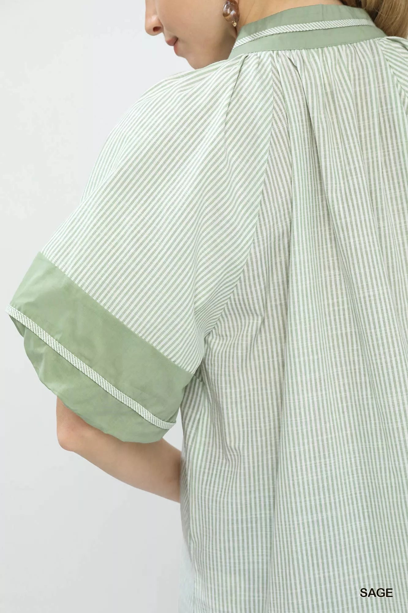 Umgee Blouse Striped Sage Green Mixed Puff Short Sleeve Top 99e9500d-a7c2-4704-a387-182bd2738917-Max-Origin Trendsi