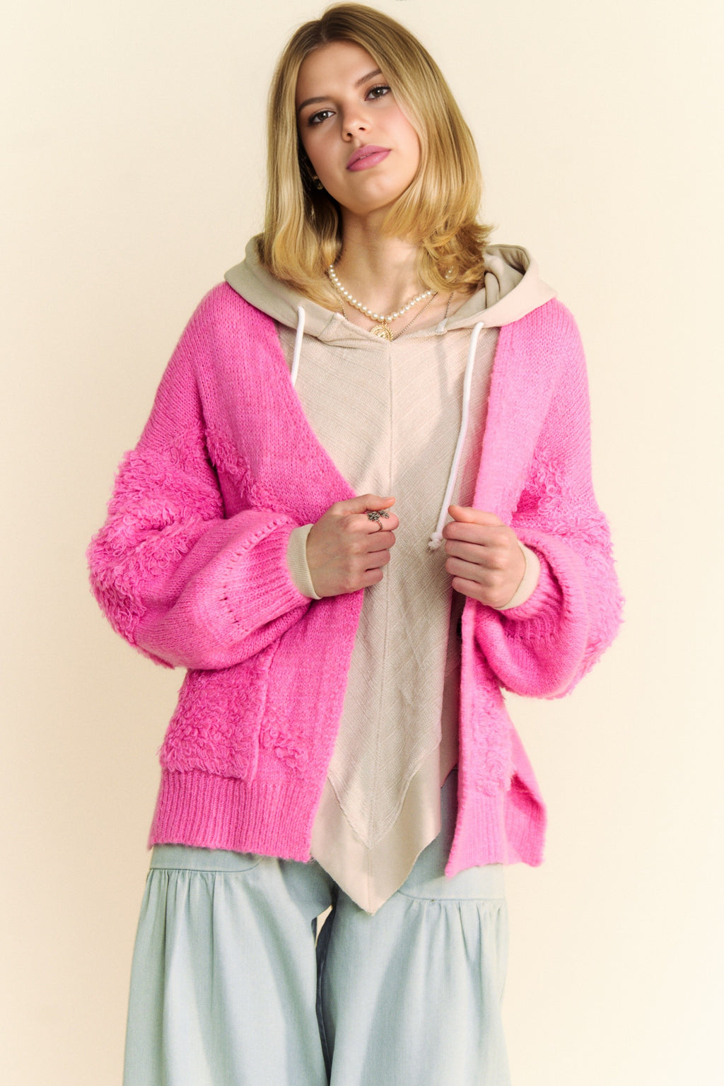 Davi & Dani USA Pink Cardigan Woolen Blend Side Slit Open Front Long Sleeve 99fb18d0-638b-425e-9d9f-7b4ffa3c7844-Max Trendsi