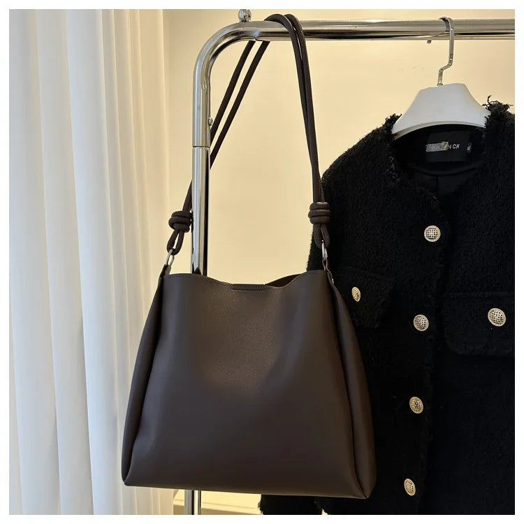 Women's Casual Shoulder Bag Simple PU Leather Knot Straps Black Handbags