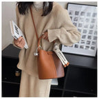 Women's Bucket Bag Small Coffee Brown PU Leather Two-Tone Casual Crossbody