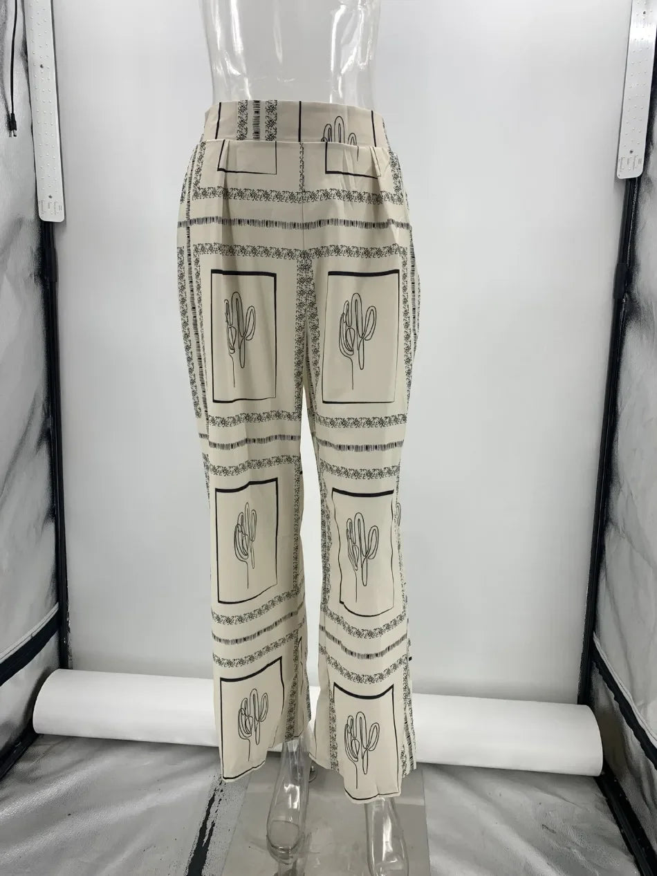 Women's Casual Fashion Outfit Set Cactus Print Long Sleeve Shirt Wide Leg Pants