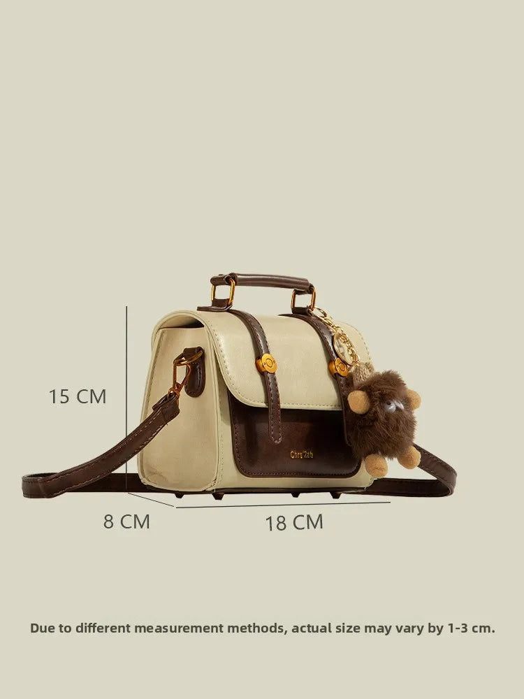 Fashionable Small Square Handbag Women's Two-Tone Brown Mini Flap Crossbody Bag