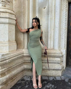 Bodycon Midi Dress One-Shoulder Ruched Side Slit Slimming Party Dresses