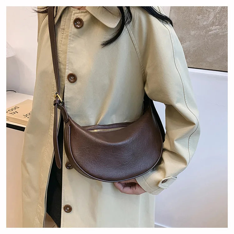 Crescent Shoulder Bag with Plush Charm Medium Zipper Soft Pu Leather Crossbody