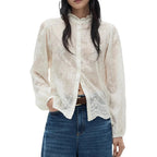 Women's Shirt Blouse Floral Embroidered Sheer Lace Long Sleeve Ruffle Neck Top