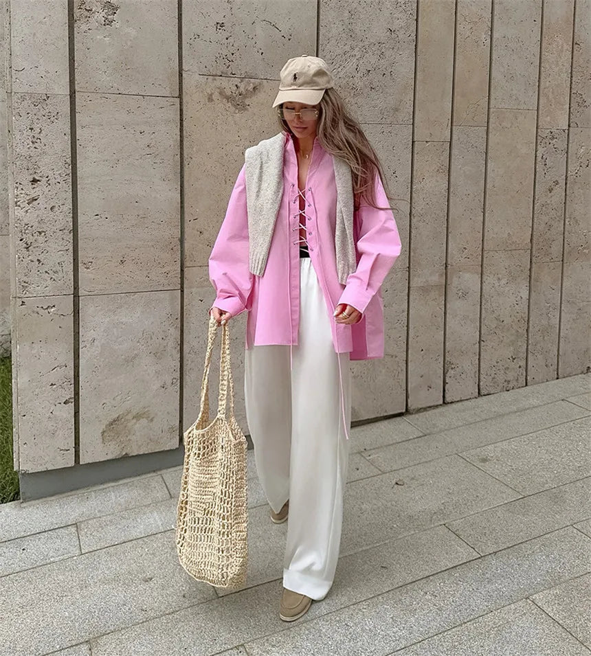 Oversized Shirt Women's Lace -up Cross Tie Pink Loose Casual Long Sleeve Top