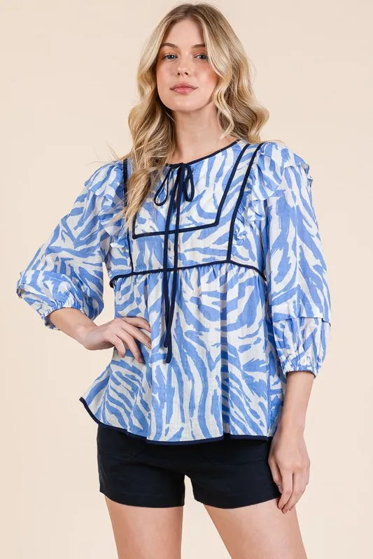 Lime 'N' Chili Blouse Blue Graphic Print Solid Trim Quarter Sleeve Tiered 9a0e52cc63a644779abd5780a1222469-Max-Origin Trendsi