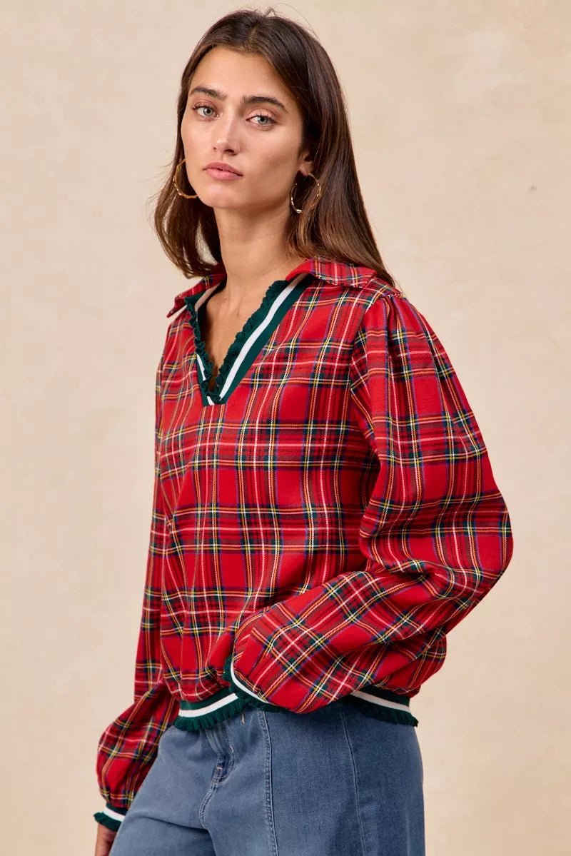 BiBi Christmas Womens Blouse Red Plaid Collared Top with Ruffled Detail 9a123edebf114da097741b9d23fae6fd-Max-Origin Trendsi