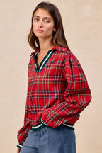 BiBi Christmas Womens Blouse Red Plaid Collared Top with Ruffled Detail 9a123edebf114da097741b9d23fae6fd-Max-Origin Trendsi
