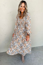 Floral Midi Dress V-Neck Long Puff Sleeve Mocha Flower Print 9a28d1e2-5b73-4da2-9b84-fde0b60de812-Min Trendsi