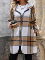 Hooded Plaid Coat Drawstring Hood Zip Up Long Sleeve Outerwear 9a3008c9-72b6-4b53-a319-317767bc19a9-Max Trendsi