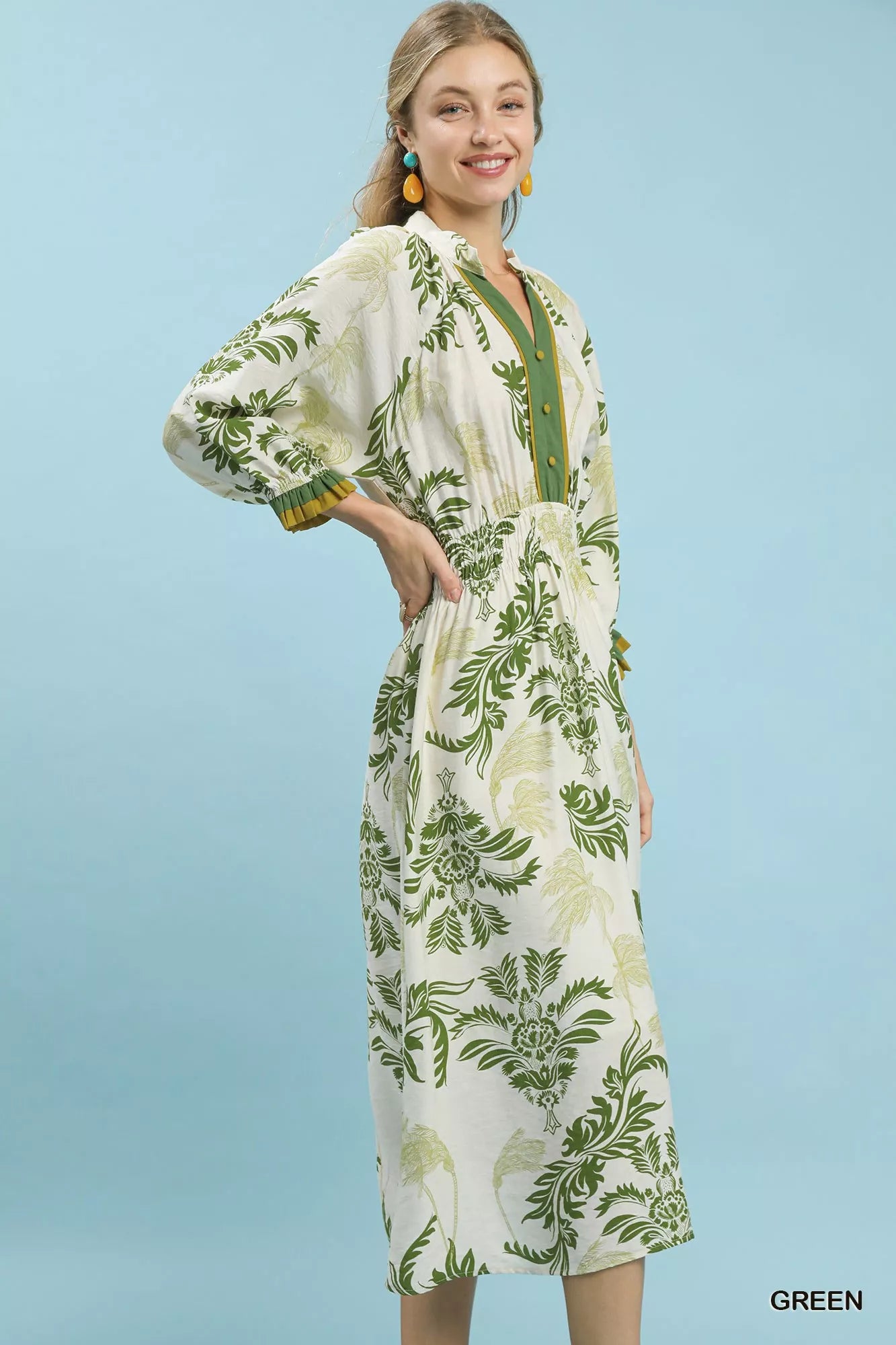 Umgee Midi Dress Green Tropical Print Button Detail Smocked 3/4 Sleeve 9a353b86-a426-4692-8023-3247bbeb5b0a-Max-Origin Trendsi