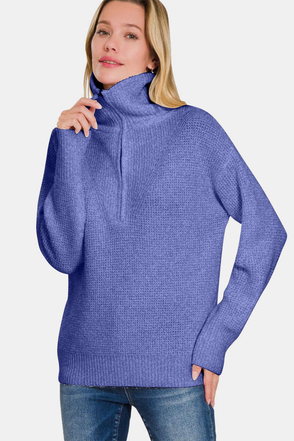 Zenana Sweater Women Marlin Blue Half Zip Long Sleeve Basic Pullover