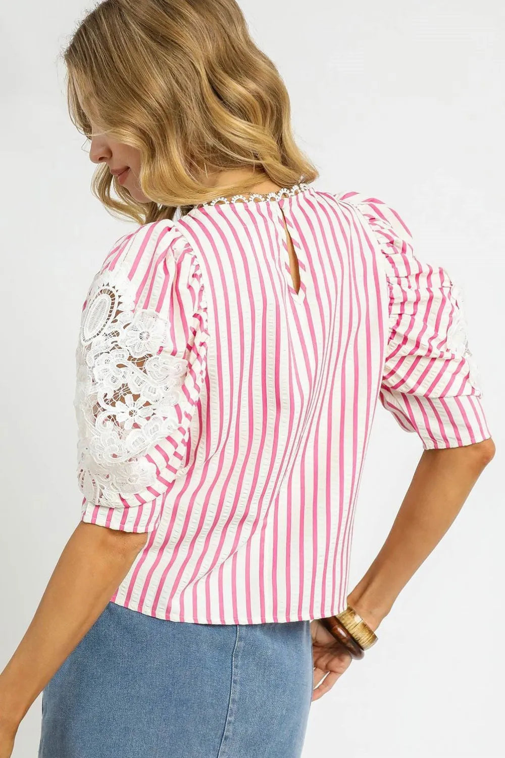 Umgee Blouse Striped Pink Lace Puff Short Sleeve Women's Top 9a4123a4-1245-4bbd-afcd-a735b373912b-Max-Origin Trendsi