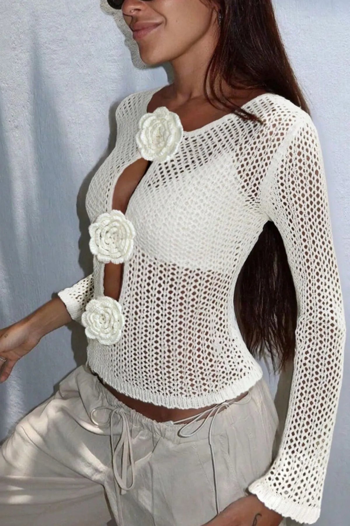 Knit Cover Up Ivory Crochet Cutout with Rose Appliques Long Sleeve 9a424c0d-05ca-436a-83f7-386979bca07d-Max-Origin Trendsi