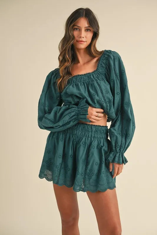 MABLE Outfit Set Embroidered Lace Teal Green Scalloped Long Sleeve Top and Short Teal 9a42af2a3047423e8db04f61b059549a-Max-Origin Trendsi