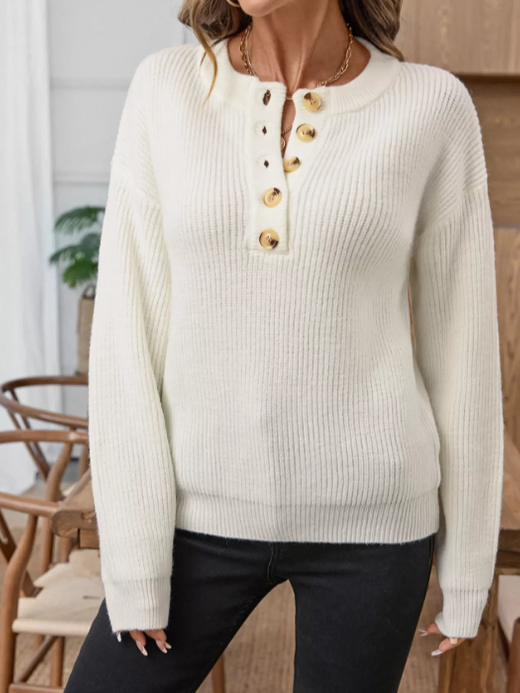 Women's Sweater Beige Button Detail Long Sleeve Knit Pullover 9a4df7c455db407c8fe794f093b2db2b-Max-Origin Trendsi