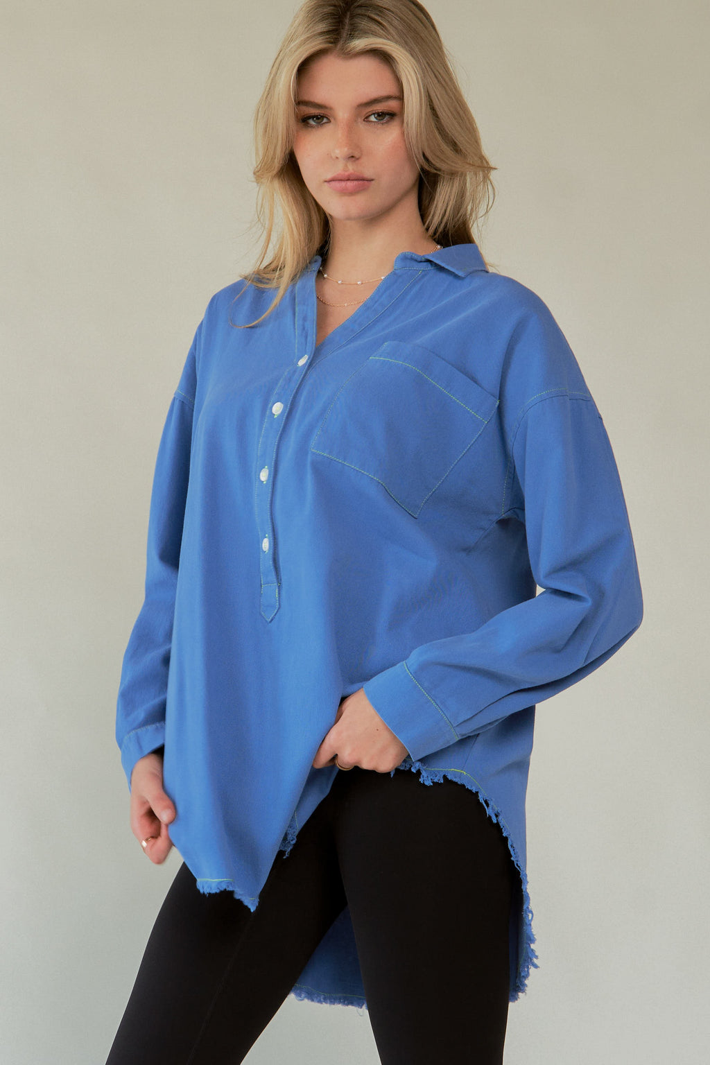 Davi & Dani USA Blue Shirt AMOR Letter Cotton Back Raw Hem Half Button 9a57aba2-bd29-4027-b59d-bf1894588b46-Max Trendsi