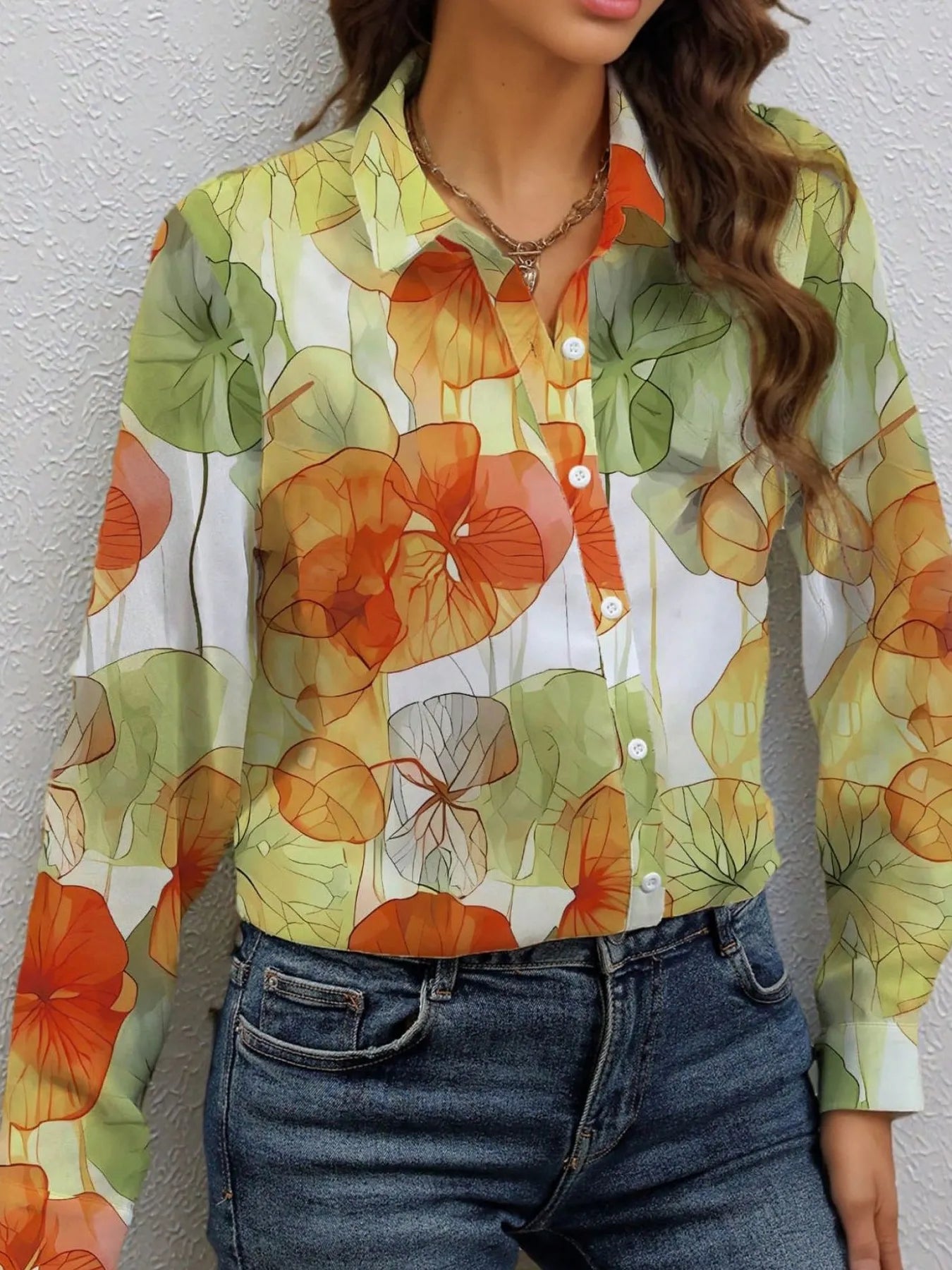 Women's Shirt Floral Sage Printed Button Up Long Sleeve Lightweight Top 9a6562f24824414f9495fb1f7dcc3046-Max-Origin Trendsi