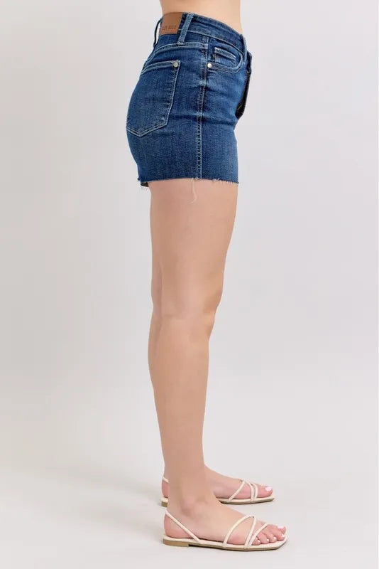 Judy Blue Denim Shorts High Waist Criss-Cross Waistband Dark Blue 9a65e8d745514efa864ef552f023990c-Max-Origin Trendsi